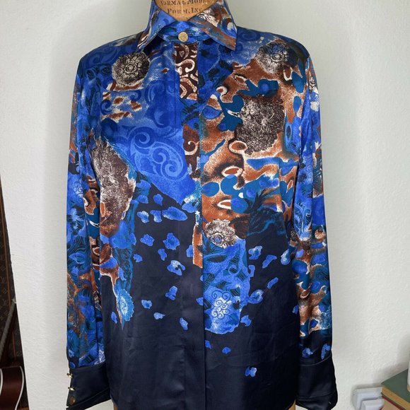 Louis Feraud Womens Blue Black Abstract Long Collared Button Up Shirt Top Size 8 - Picture 1 of 9